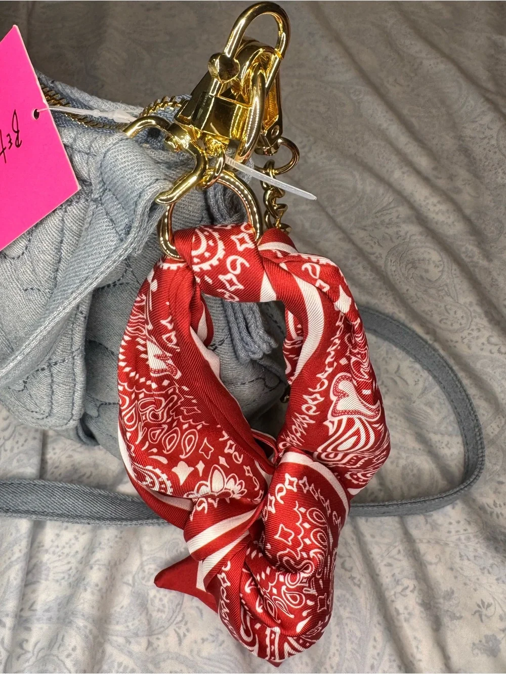 Betsey Johnson Light Blue Soft Denim Quilted Heart Crossbody & Red Bandana Clip
